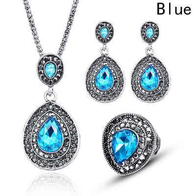 

New Arrival Fashion Austrian Crystal Water Drop Necklace Earrings Rings African Costume Jewelry Set Women Wedding Accessories