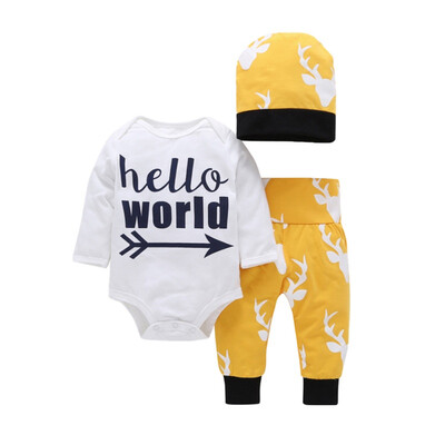 

Spring Autumn Casual Fashion Baby Letter Printing Bodysuit And Trousers And Hat Kids Three-piece Outfit Set New