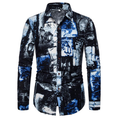 

Toponeto Mens Vintage Ethnic Style Printing Loose Long Sleeve Stand Collar Casual Shirt