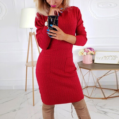 

Tailored Women Casual Solid O-Neck Pocket Bodycon Long Sleeve Dresses Sweater Dress