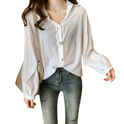 

New Blouses Women 2019 Autumn Button Turn-down Collar Solid Color Shirts Tops Loose Long Sleeve White Blouse
