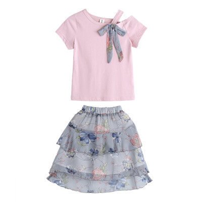 

Summer Girls Clothes Sets Baby Girl Short Sleeve Shirt TopFloral Chiffon Skirts Kids Clothing Printed Childrens Clothes 2pcs