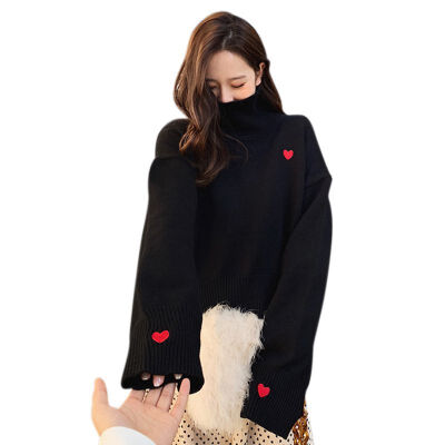 

Fashion Sweet Heart-shaped Print Sweater Knit Pullover Korean Style Women Turtleneck Red Loose Warm Sweater