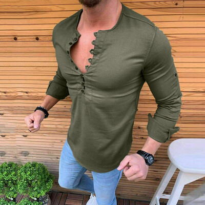 

Toponeto Mens Baggy Cotton Linen Solid Long Sleeve Retro T Shirts Tops Blouse