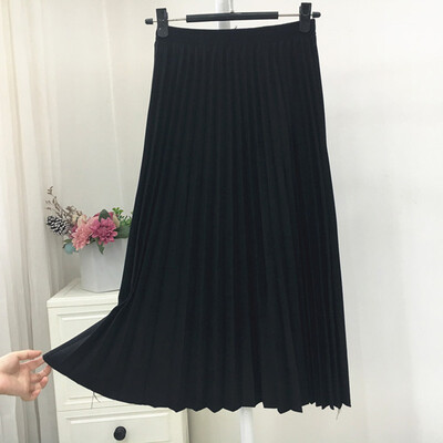 

Autumn Winter 2019 Women Pleated Skirt Elastic High Waist Long Skirts Casual Vintage A-line Suede Party Skirt Ladies Black Pink