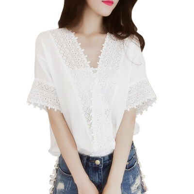 

Cotton Short Sleeve Blouse 2018 Summer Women Solid Casual Lace Hollow Out V Neck White OL Blusas