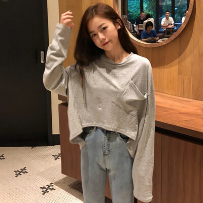 

Women Loose Round Collar Solid Color Pocket Long Sleeve Casual Simple Wild Short T-Shirt