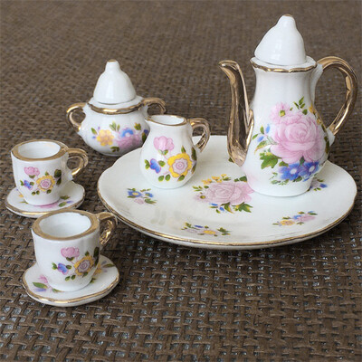 

〖Follure〗8pcs Dining Ware Porcelain Tea Set Pink Dish Cup Plate 16 Dollhouse Miniature