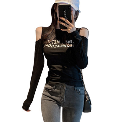 

Fashion Letter Printing Tshirt Women Sexy Off Shoulder Tops Female Ladies Casual O-neck Long Sleeve T-shirt camisas mujer