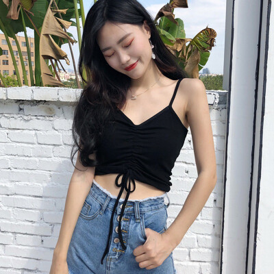 

Summer Women Deep V Neck Camis Elastic Bottoming Bow Sleeveless Knitted Female Top Female Base Tank Tops