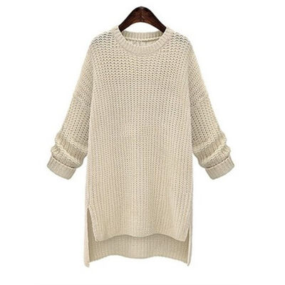

Women 2019 Winter Long Thick Sweaters Irregular O-Neck Long Sleeve Solid Knitted Tops Female Pullovers Split Sweaters