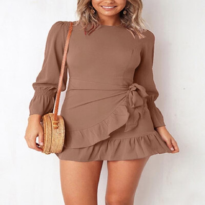 

Stretch Solid Lantern Long Sleeves Flounce Strappy Shift Dress