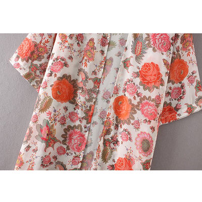 

Floral Print Blouse Shirt Long Kimono Women Cardigan Elegant Long Sleeve Summer Loose Beach Cover Up Outerwear Orange