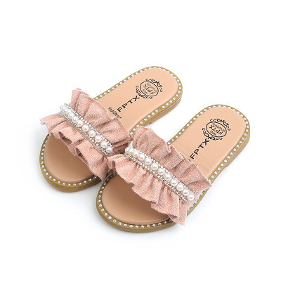 

New Children Pearl Beading Embellished Decorative Home Soft Slippers Summer Outdoor Beach Sandals Slippers