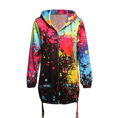 

Autumn Women Tie Dyeing Jacket Hooded Plus Size Colourful Pocket Zipper Loose Coat Hip Hop Streetwear Outwear Clothing