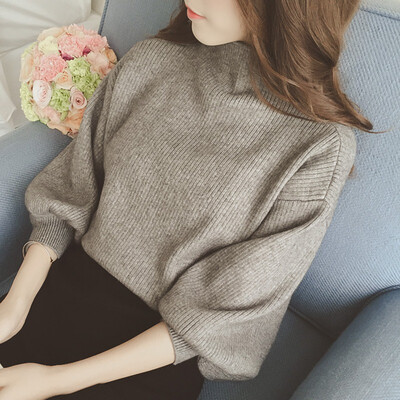 

Womens Casual Long Lantern Sleeve Loose Knitted Turtleneck Sweater Jumper Pullover Solid Tops Female 2019 Autumn New Arrival