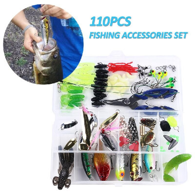 

110pcs Fishing Lures Mess Kit Assorted Artificial Spinner Minnow Popper VIB Soft Hard Spoon Lure Bait Hooks Pliers Accessories Set