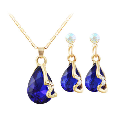 

Charm Water Drop Gold Color Jewelry Sets Zirconia Colorful Crystal Pendant Necklace Earrings Ring Bridal Jewelery Set