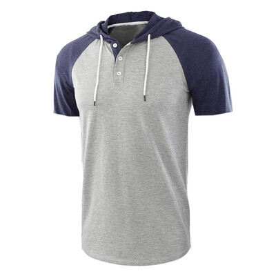 

Toponeto Men Casual Summer Patchwork Drawsting Short Sleeve Hoodie T-Shirt Top Blouse