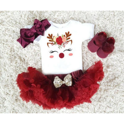 

Christmas Baby Girl Romper Tops Tulle Tutu Skirt Dress Cotton Outfit Clothes Set