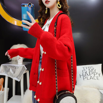 

White Sweater Women Korean Style Double-breasted Solid Long Sweet Sweater Cardigan Loose Casual V-neck Female Knit Cardigan