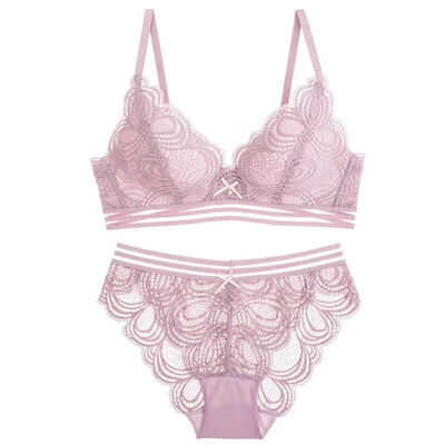 

Ladies Sexy Lingerie Thin Solid Color Lace Bow Deep V No Steel Ring Bra Briefs Set
