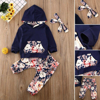 

UK Infant Baby Girls Kids Floral Hood Tops Pants Cotton Outfit Clothes Set 0-24M