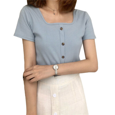 

Spring Autumn Women Solid Color Square Neck Short Sleeve Buttons Knitted T-Shirt