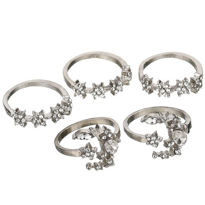 

5 Pcsset Bohemia Retro Crystal Moon Star Simple Hollow Punk Personality Silver Open Ring Women Wedding Anniversary Gift