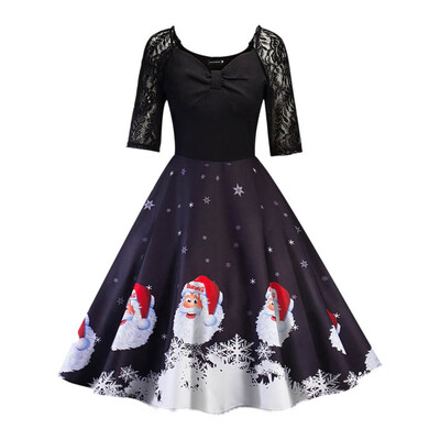 

Fashion Casual Christmas Santa Print Lace Stitching Dress Half Sleeve V-Neck Big Swing Party Dress