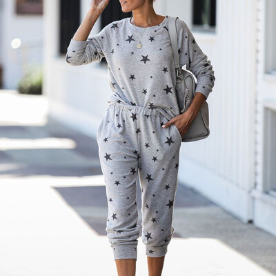 

Toponeto 2Pcs Women Tracksuit Star Print Pocket Pants Sets Leisure Wear Lounge Wear Suit