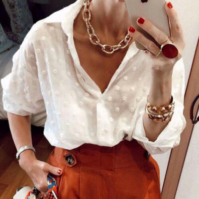 

2019 Women Autumn Long Sleeve Dot Mesh Button Shirt Ladies V-neck Tops Blouse