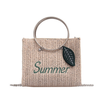 

Summer New Straw Rattan Shoulder Bag Women Girl Leaves Pendant Round Ring Rattan Woven Chain Bag Summer Beach Bag