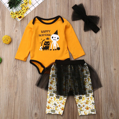 

Autumn Baby Girl Long Sleeve Halloween Cartoon Letters Romper Tops Floral Mesh Trousers Headband Set