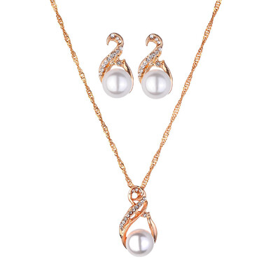

Inlaid Rhinestone Water Droplets Pearl Necklace Earrings Set Female Temperament Fashion Alloy Pendant Stud Earrings Festival Gift