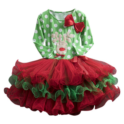 

Autumn Casual Baby Girls Dresses Long Sleeve Christmas Tree Printed Patchwork Mesh Dress Kids Pageant Dresses