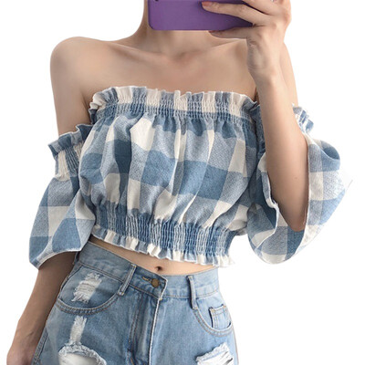 

Women Sexy Off Shoulder Top Half Sleeve Pullover Casual Blouse Fashion Flare Sleeve Plaid Chiffon Blouse Crop Top Feamle