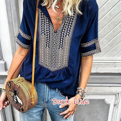 

T Shirt Women Bohemian Loose Comfortable Tshirt Summer V-Neck Half Sleeve Geometric Print Top Tee Casual Haut Femme