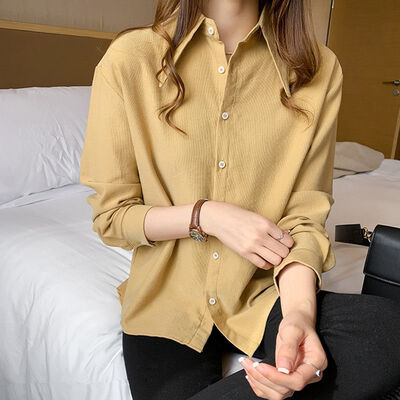 

2019 COCKCON fashion womens temperament solid color loose lapel shirt retro long-sleeved casual wild top