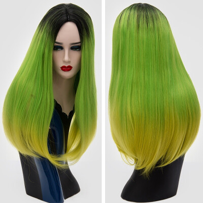 

JUNSI Fashion Long Green Yellow Color Straight Hair Cosplay Party Wig