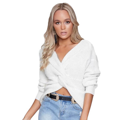 

Sexy Women Deep V Neck Sweater Loose Style Cross Wrap Long Sleeve Sweater