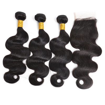 

7A Brazilian Virgin Hair with closure Extensions 3 Bundles Brazilian Body Wave With 4x4 Lace Closure Unprocessed Remy Human Hair W