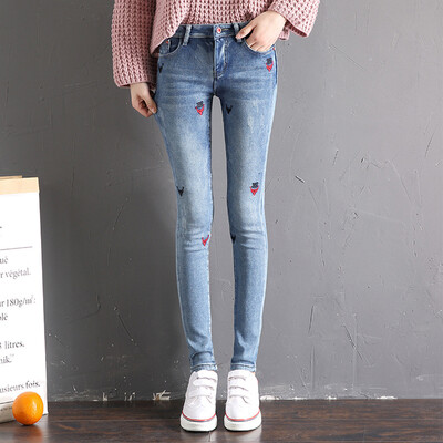 

City plus CITYPLUS 2017 winter new style women women wild plus cashmere thickening Slim stretch embroidery flower waist jeans CWKN179650 light blue 28