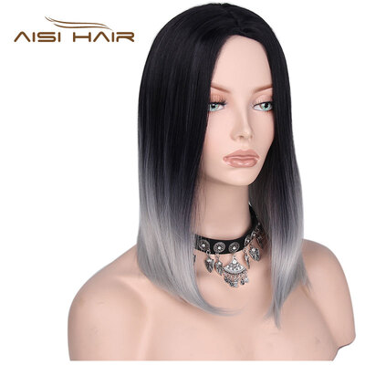 

AISI HAIR 18" Ombre Grey Color Silky Straight Short Synthetic Hair Bob Wigs for Black Women