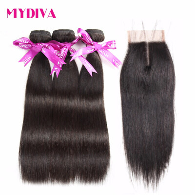 

Mydiva Brazilian Hair 3 Weaves With Closure 4 pcslot Straight Human Hair Bundles With Lace Closures Middle Part Non Remy