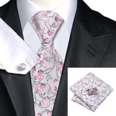 

N-1049 Vogue Men Silk Tie Set Pink Floral Necktie Handkerchief Cufflinks Set Ties For Men Formal Wedding Business wholesale