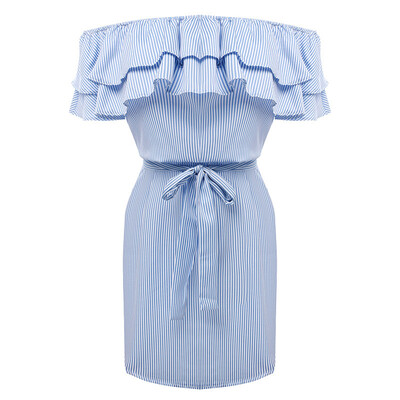 

Women  Flounced Collar Knee Length Dress Sexy Stripe Mini Dress Party Clothes