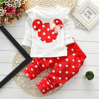

Baby Girl Clothes Dot Long Sleeve Cotton Minnie Printed Toddler children Set Bow T-ShirtPant baby suits