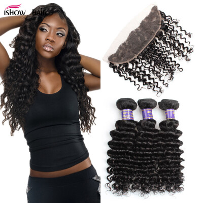 

Hot Sell Ear to Ear Lace Frontal Closure With 3Bundles Brazilian Virgin Hair Deepwave Hair With Lace Frontal Closure Cheap Human