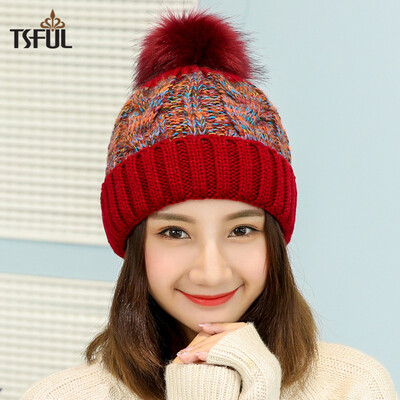 

Tsful hat female winter new fashion color matching warm earmuffs knitted wool hat CM3006A wine red